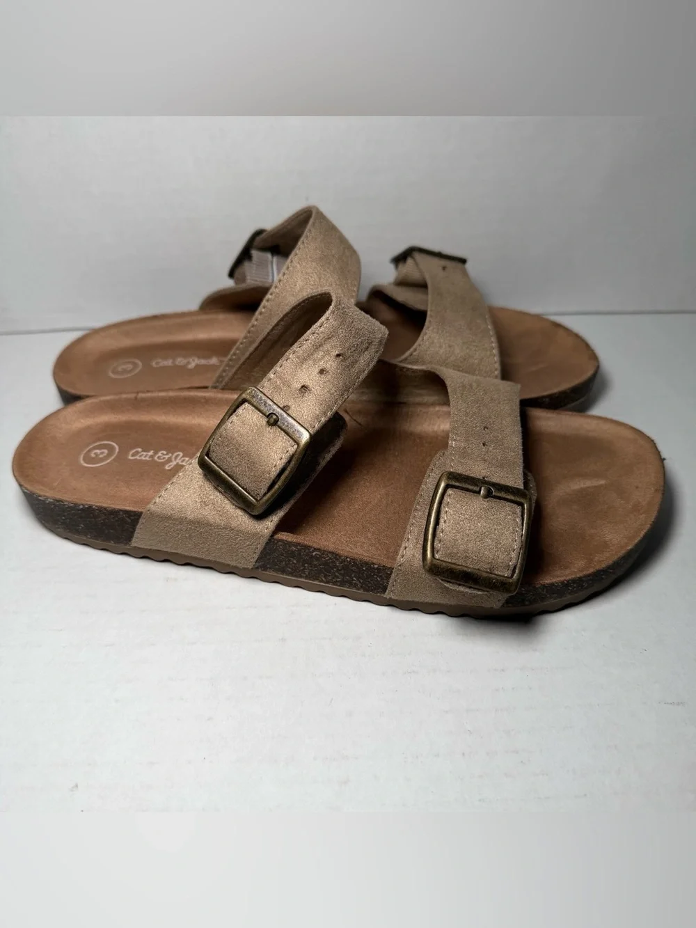 Cat & Jack Double Strap Tan Slip On Girls Summer Sandals 3 Adjustable